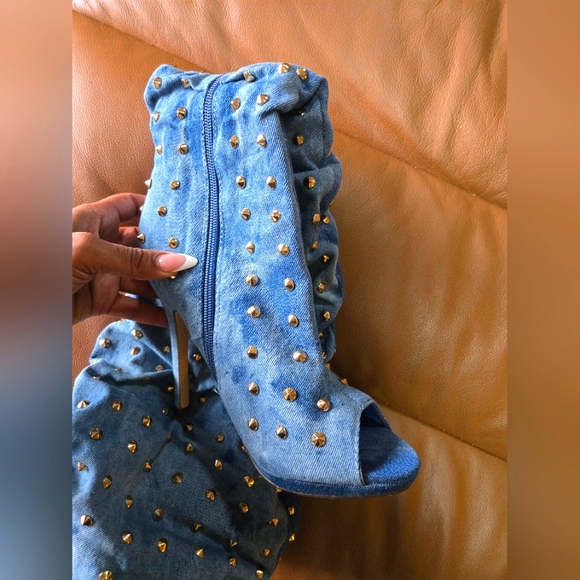 Denim over the knee high boots w/ gold studs - Picture 3 of 4